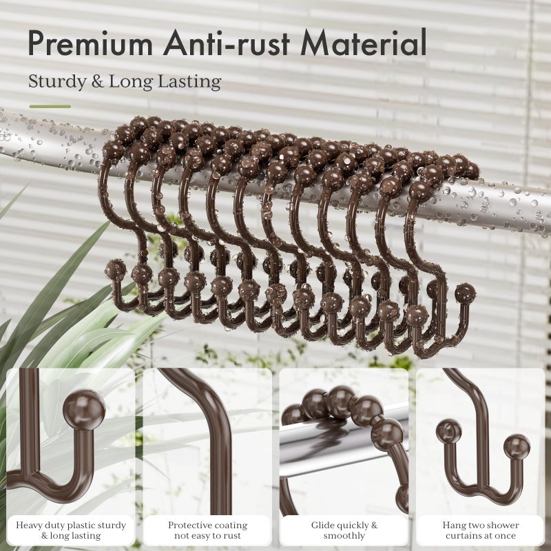Amazer Shower Curtain Hooks Plastic Double Shower Curtain Rings for Bathroom Shower Curtain Rod - Set of 12, Brown - Image 3